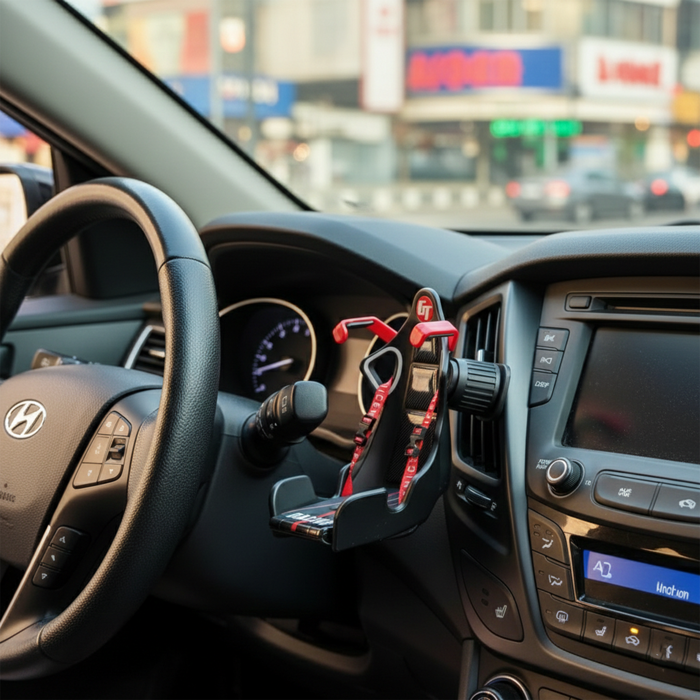 🏎️ Racecar Bucket Seat Phone Holder | Sporty Carbon-Fiber Mobile Mount | 360° Rotation, Universal Fit, Strong AC Vent Mount Grip(red)