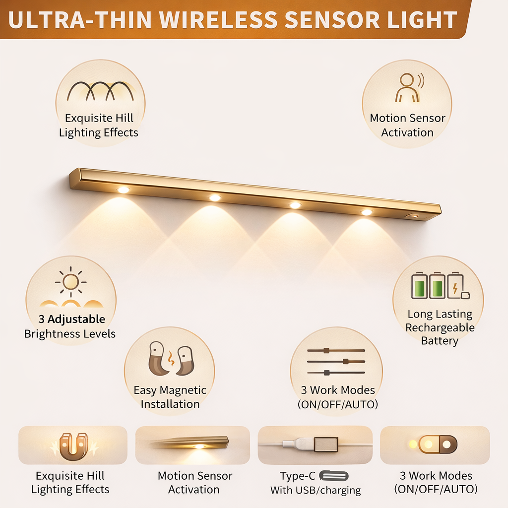 LED PIR Motion Sensor Cabinet  With USB Rechargeble