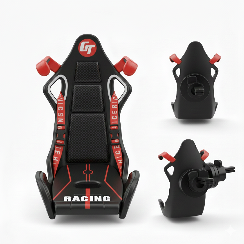🏎️ Racecar Bucket Seat Phone Holder | Sporty Carbon-Fiber Mobile Mount | 360° Rotation, Universal Fit, Strong AC Vent Mount Grip(red)